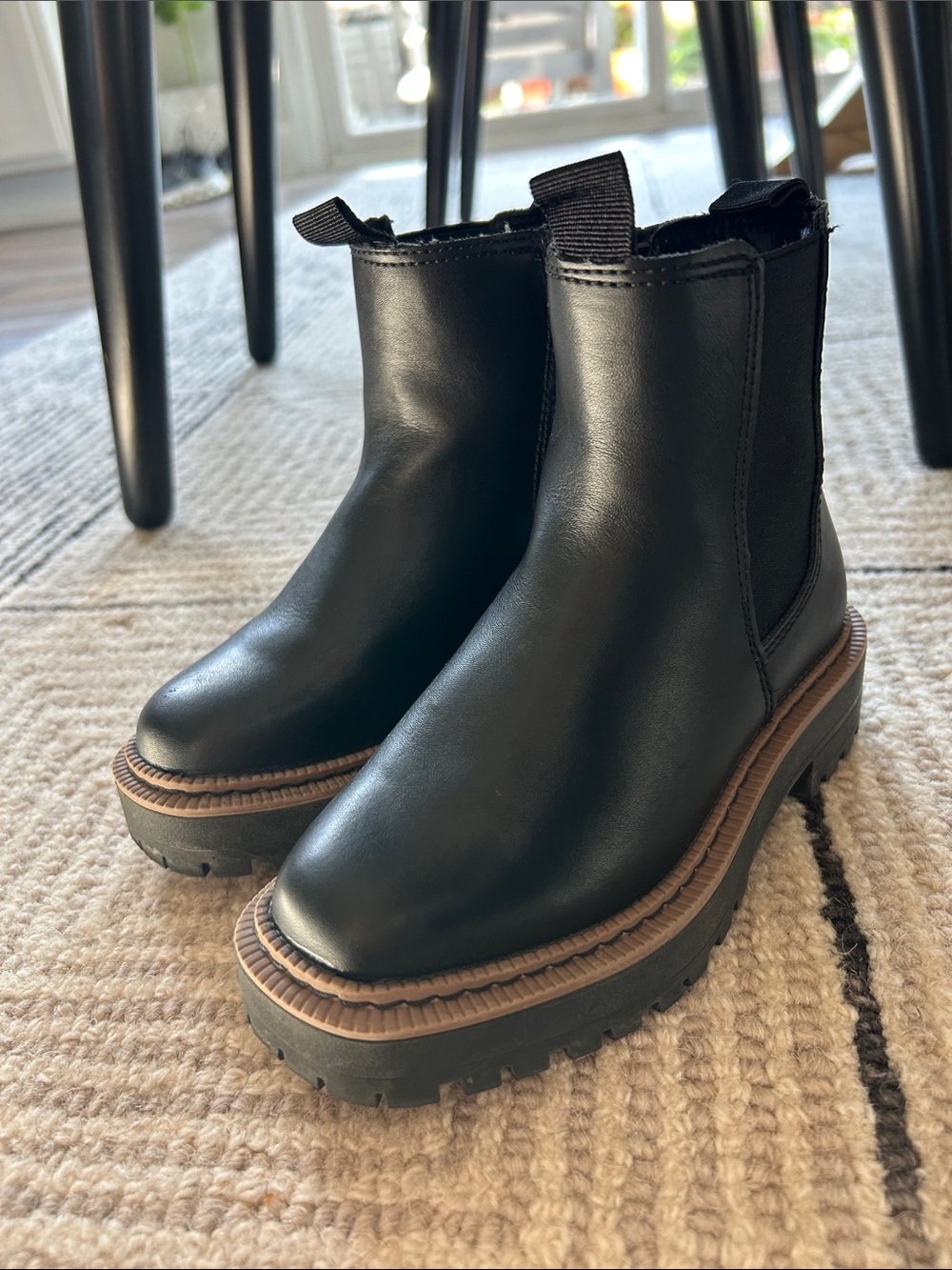 Little Girls Sam Edelman Black Leather Chelsea Platform Booties with Brown Trim